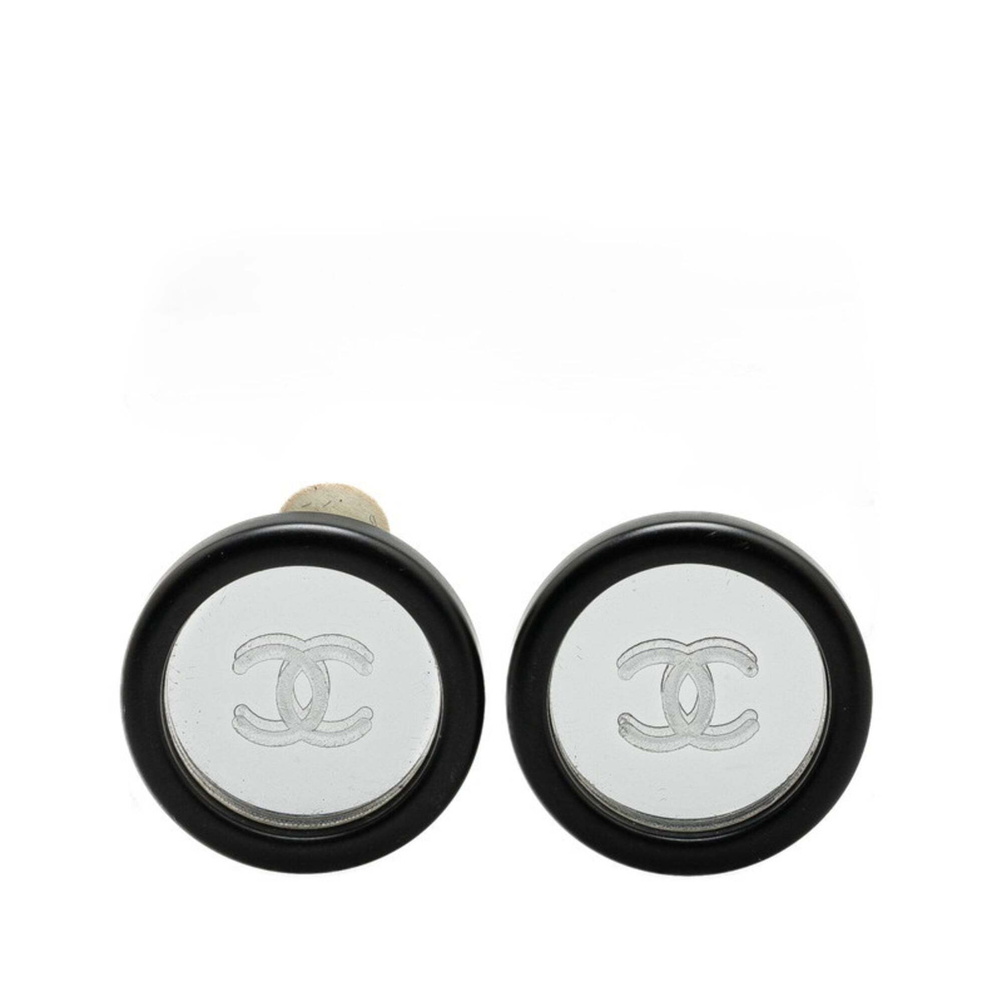 Vintage Chanel Coco Mark Round Mirror Earrings In Black Plastic With Plated F 465$